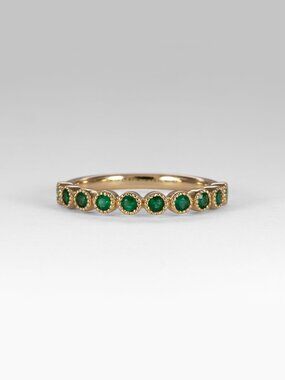 Natural Round Zambian Emerald Band in Solid 14K Yellow Gold with Milgrain Design